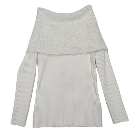 white fuzzy off the shoulder ribbed knit sweater - Picture 1 of 3